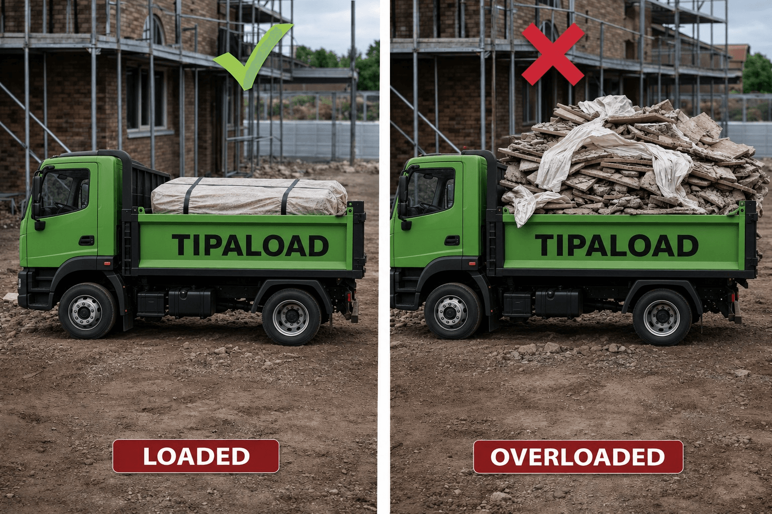 Loaded vs overloaded asbestos rubbish removal truck comparison - Tipaload