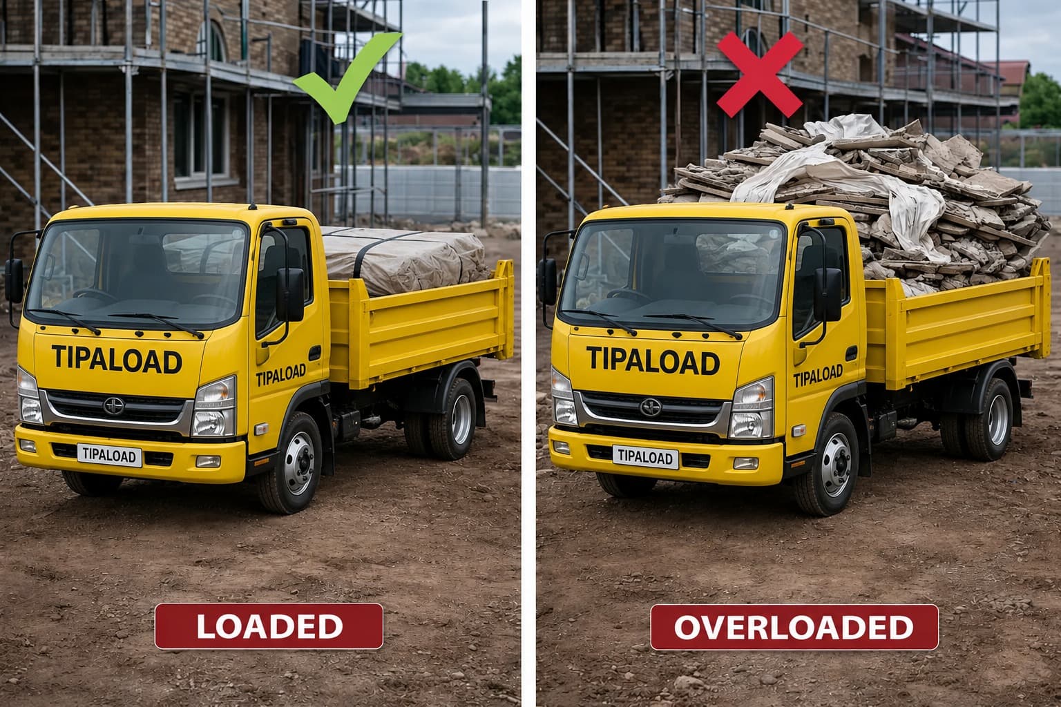 Loaded vs overloaded asbestos rubbish removal truck comparison - Tipaload