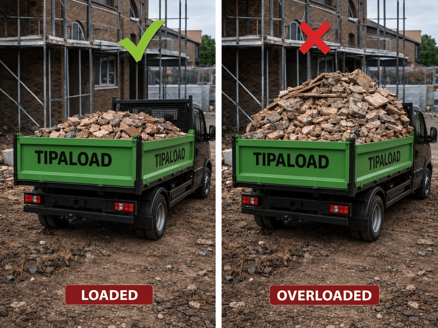 Loaded vs overloaded mixed heavy construction waste truck comparison