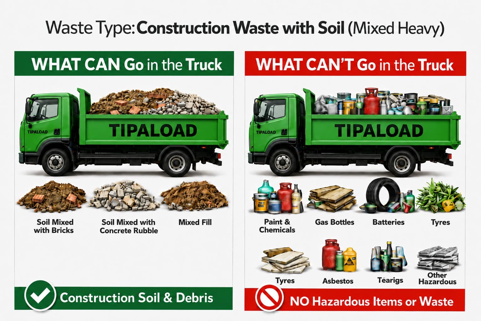 What CAN and CAN'T go in a construction waste with soil truck - visual guide
