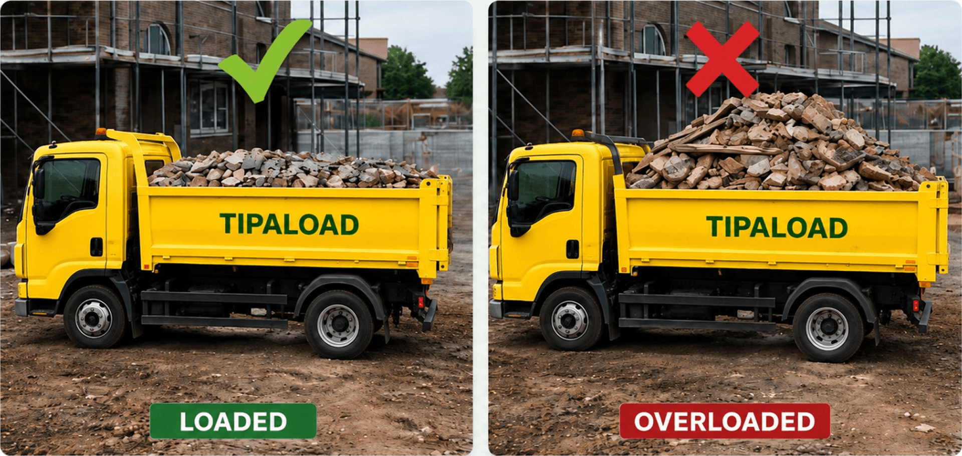Loaded vs overloaded construction waste rubbish removal truck comparison - Tipaload