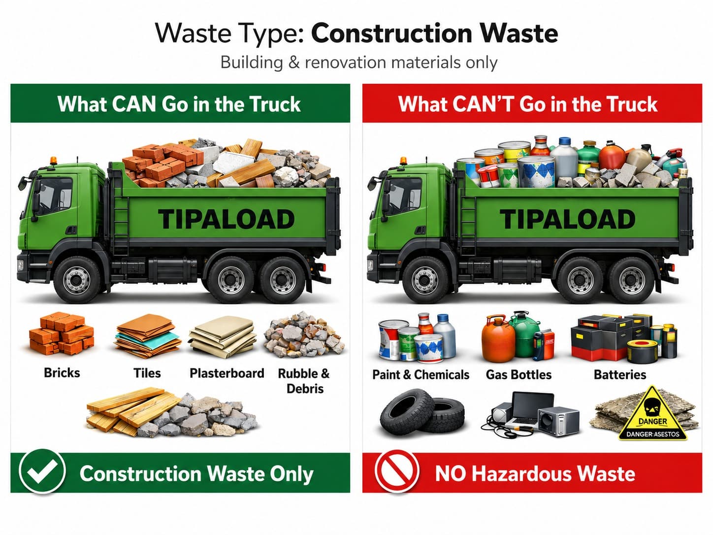 What CAN and CAN'T go in a construction waste skip bin - visual guide