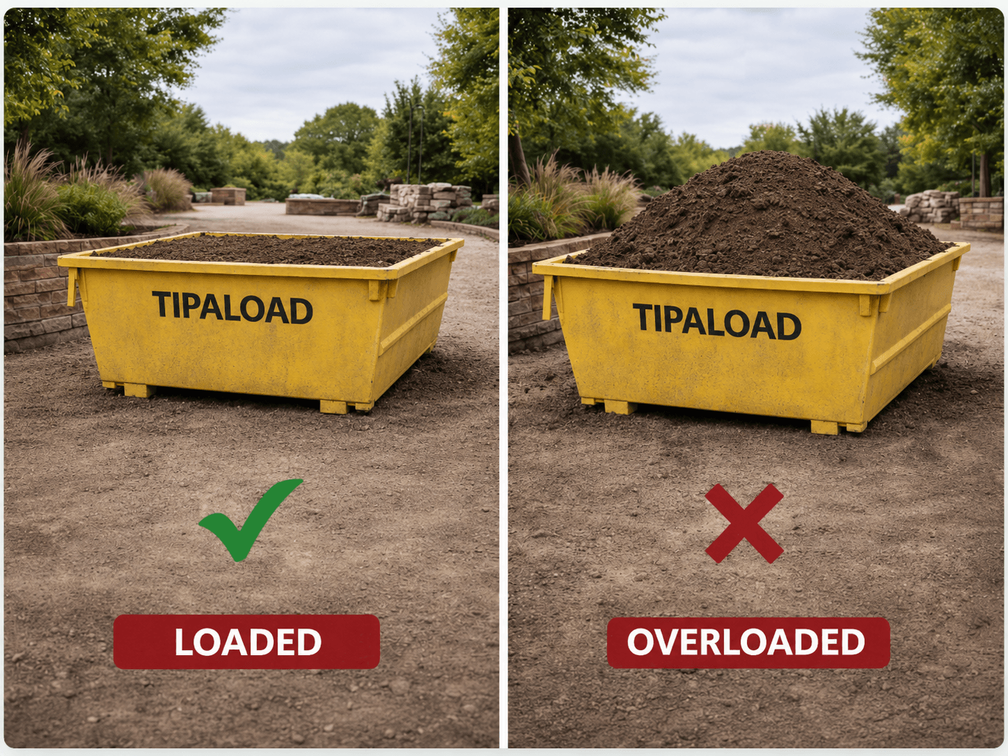Loaded vs overloaded dirt and soil skip bin comparison - Tipaload
