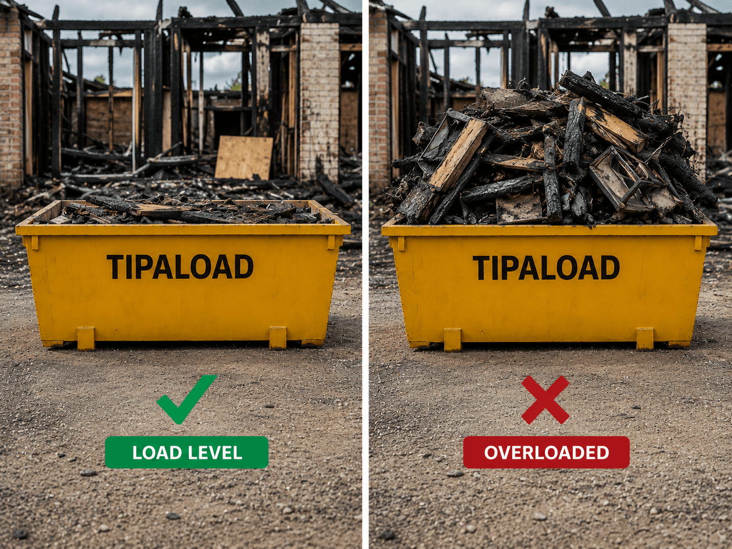 Fire damage skip bin load guide - loaded vs overloaded comparison