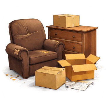 Household clutter including armchair, boxes and furniture for rubbish removal