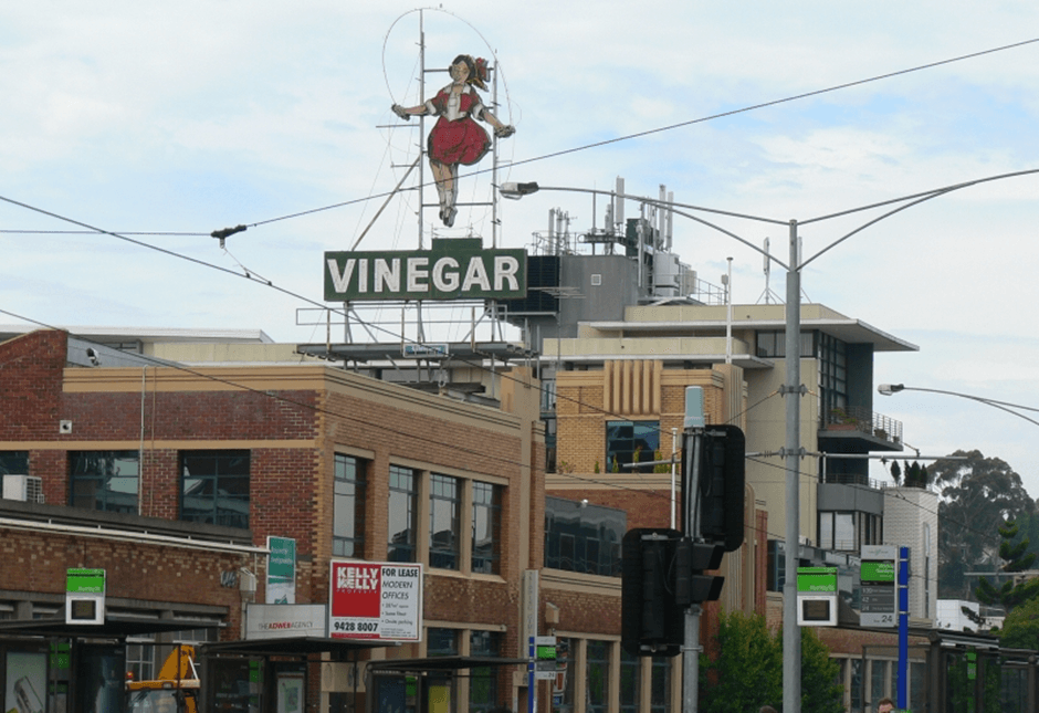 Iconic Skipping Girl Vinegar sign in Abbotsford