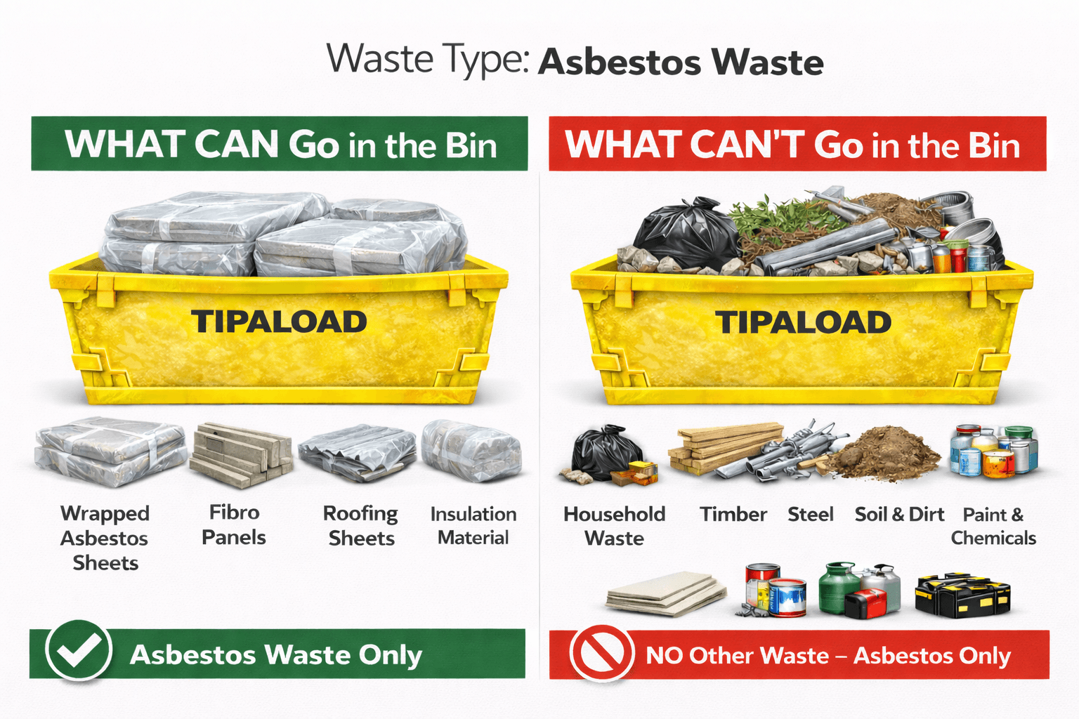 What CAN and CAN'T go in an asbestos skip bin - visual guide