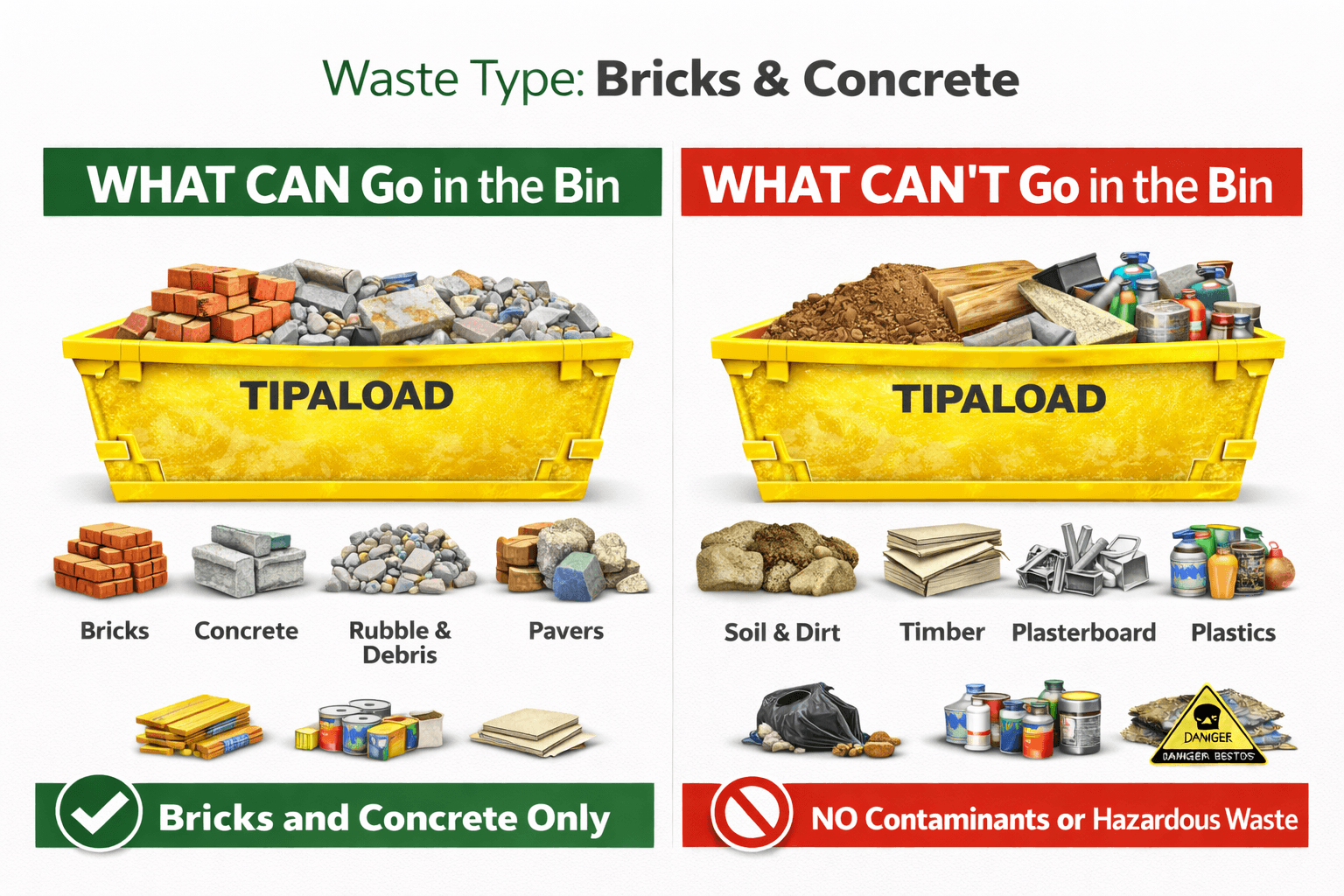 What CAN and CAN'T go in a bricks and concrete skip bin - visual guide