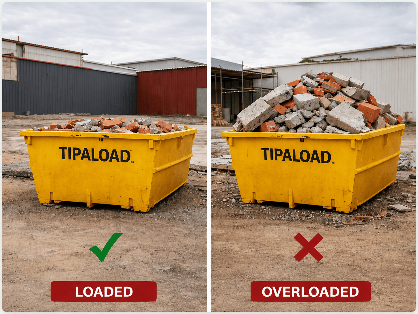 Loaded vs overloaded bricks and concrete skip bin comparison - Tipaload