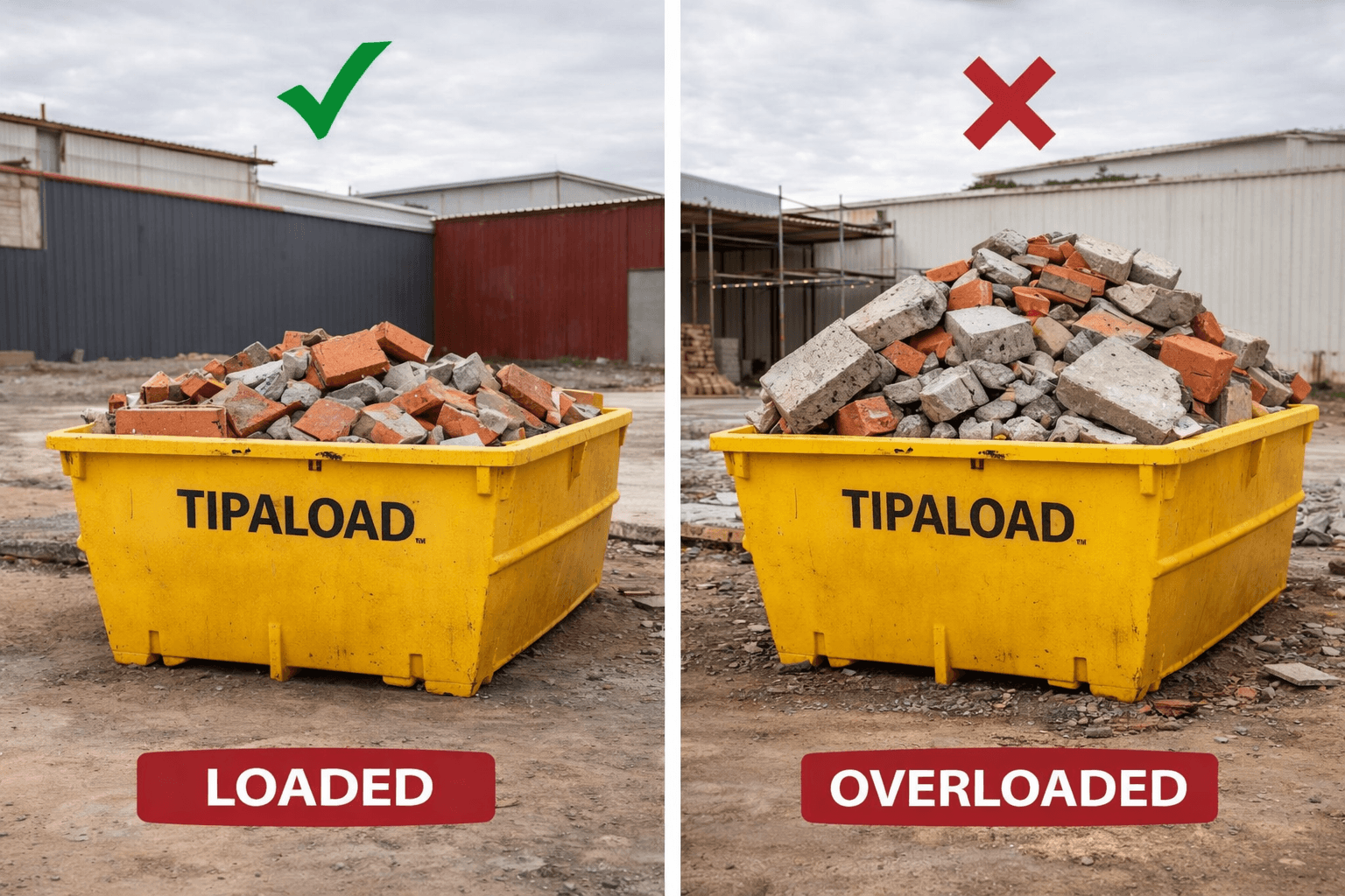 Loaded vs overloaded bricks and concrete skip bin comparison - Tipaload