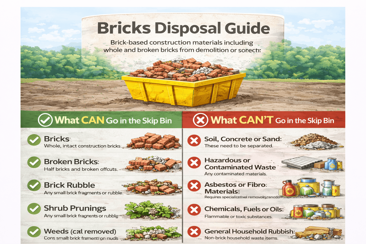 Bricks disposal guide - what can and can't go in a skip bin