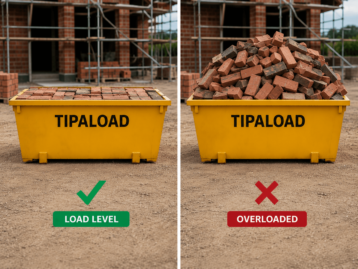 Bricks skip bin load guide - loaded vs overloaded comparison