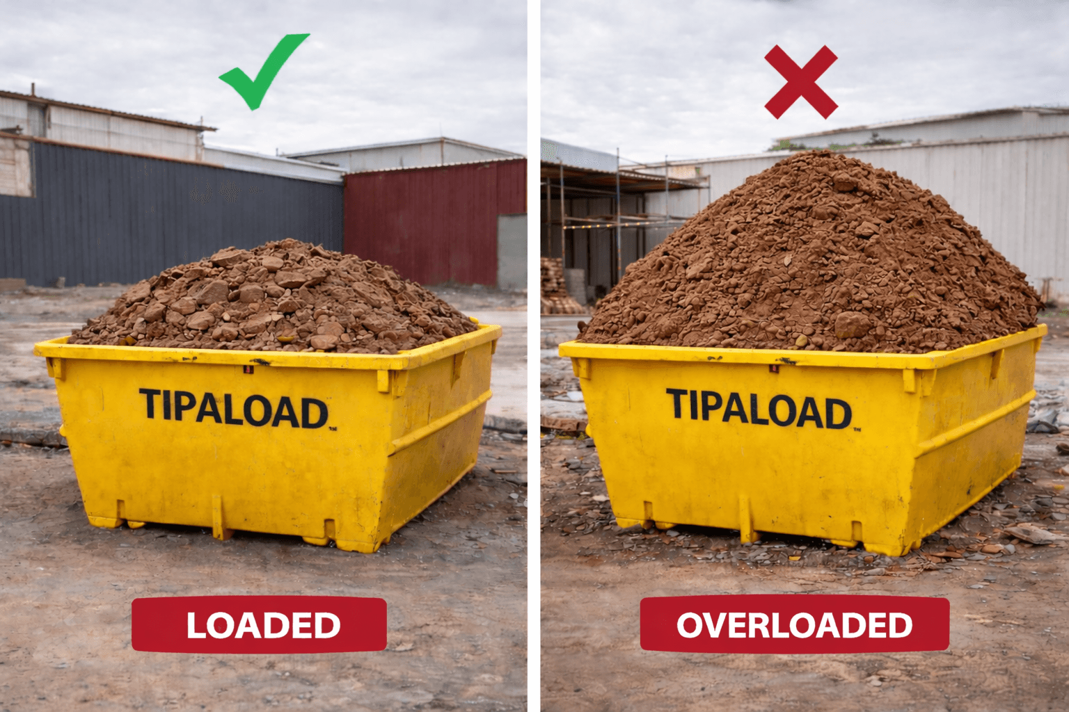 Correctly loaded vs overloaded clay skip bin comparison