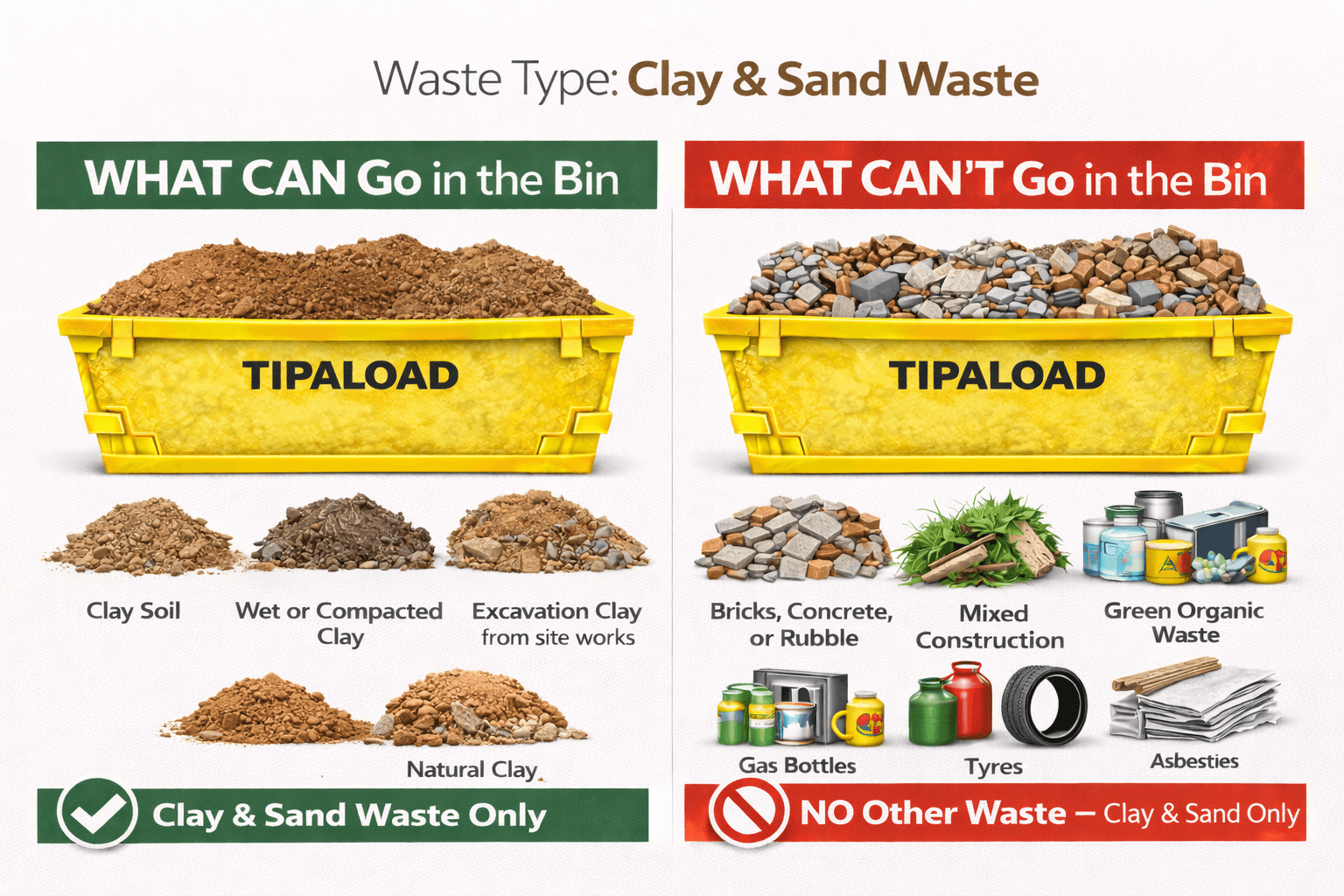 What CAN and CAN'T go in a clay and sand skip bin - visual guide