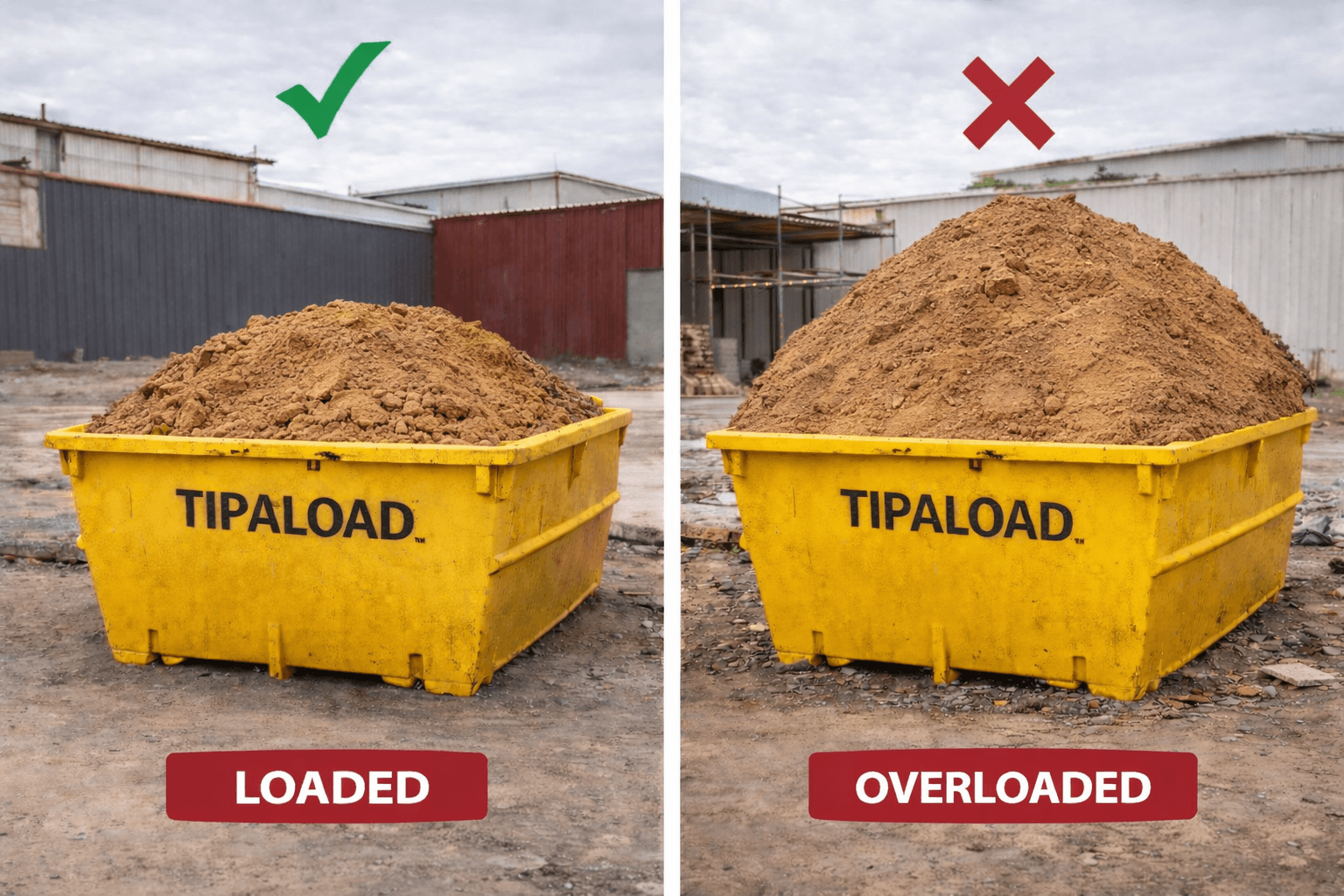 Correctly loaded vs overloaded clay and sand skip bin comparison
