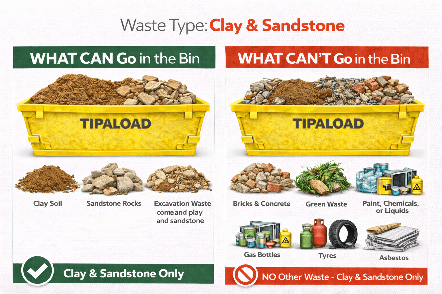 What CAN and CAN'T go in a clay and sandstone skip bin - visual guide