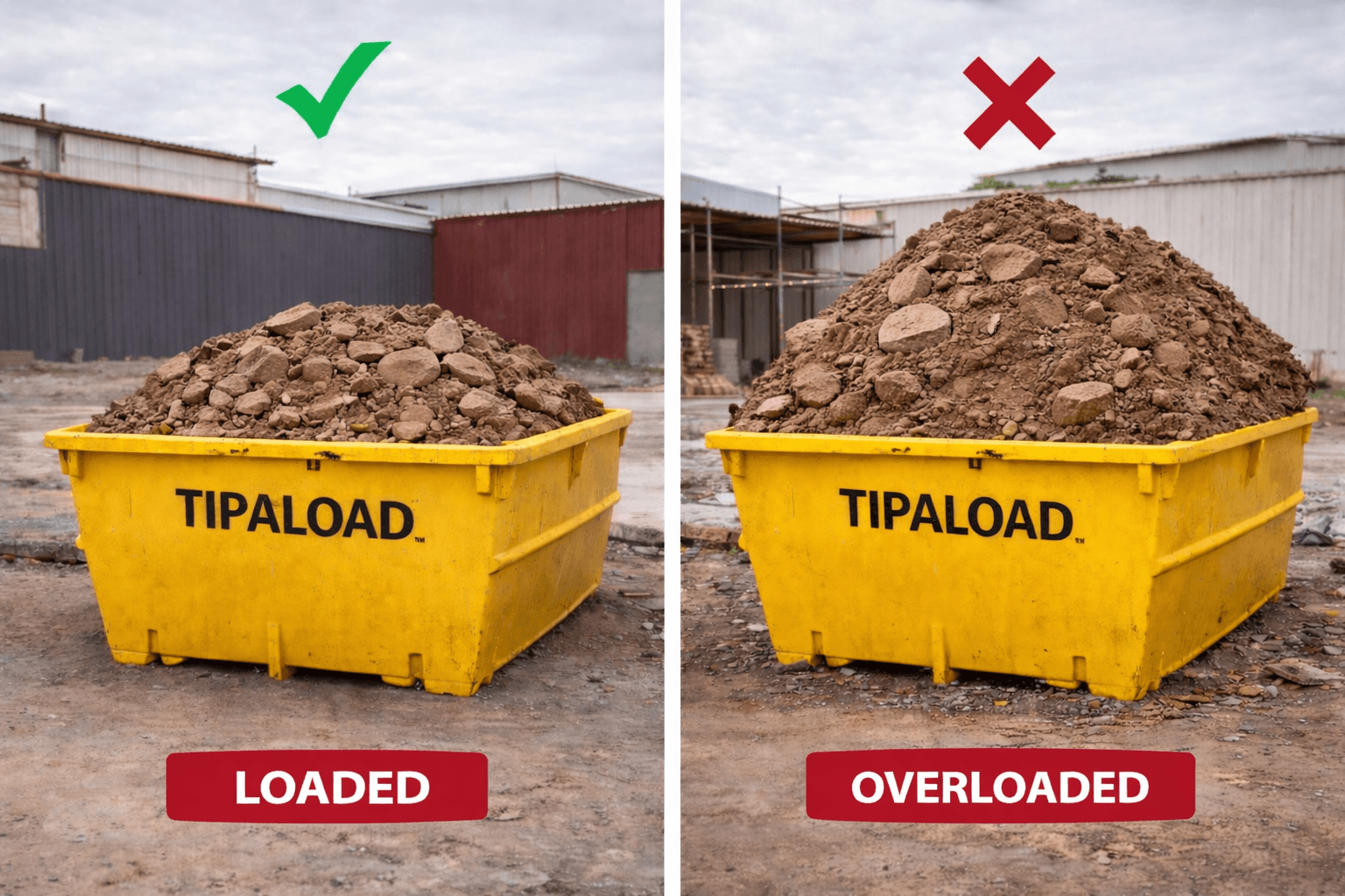 Correctly loaded vs overloaded clay and sandstone skip bin comparison