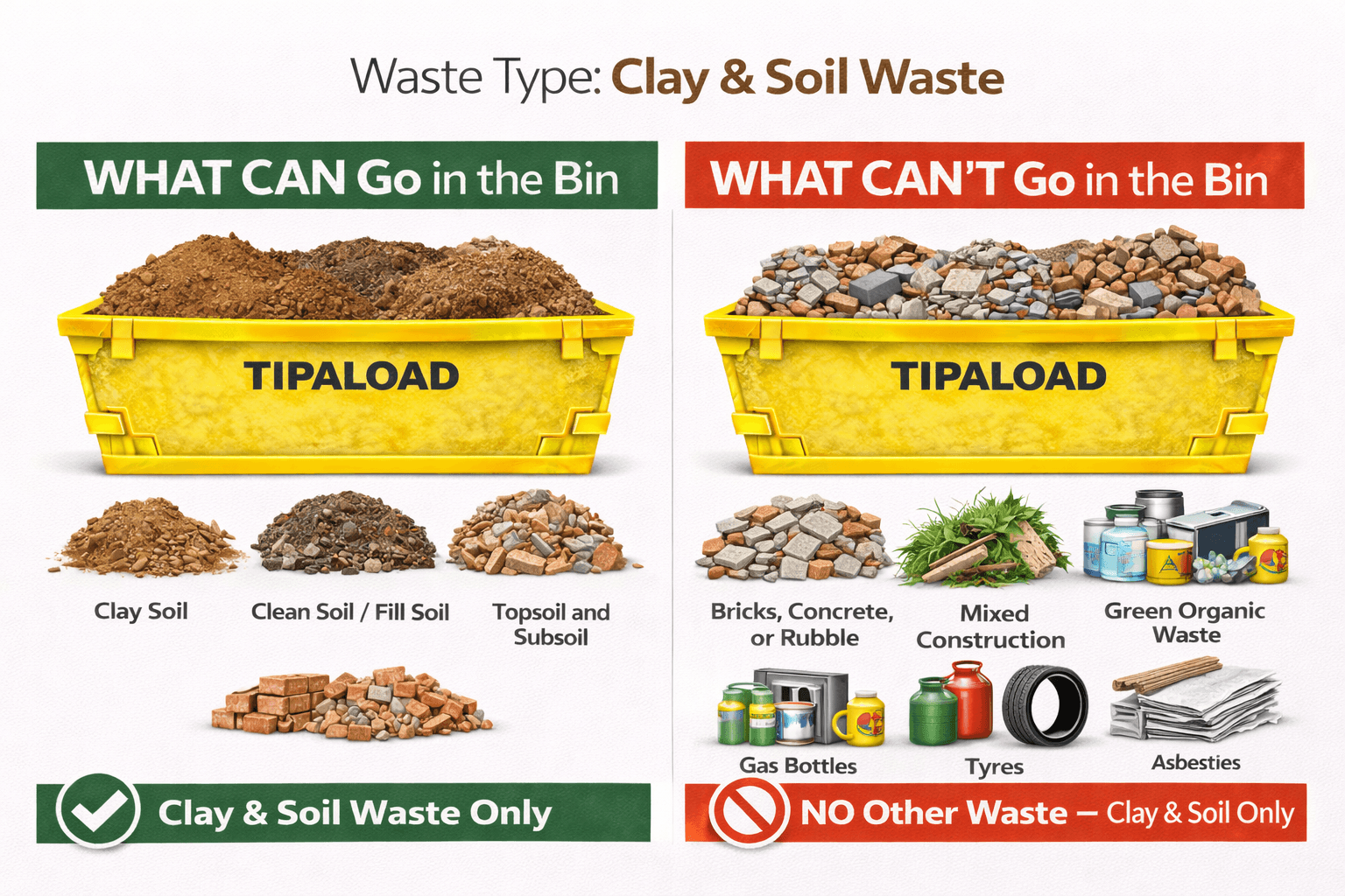 What CAN and CAN'T go in a clay and soil skip bin - visual guide