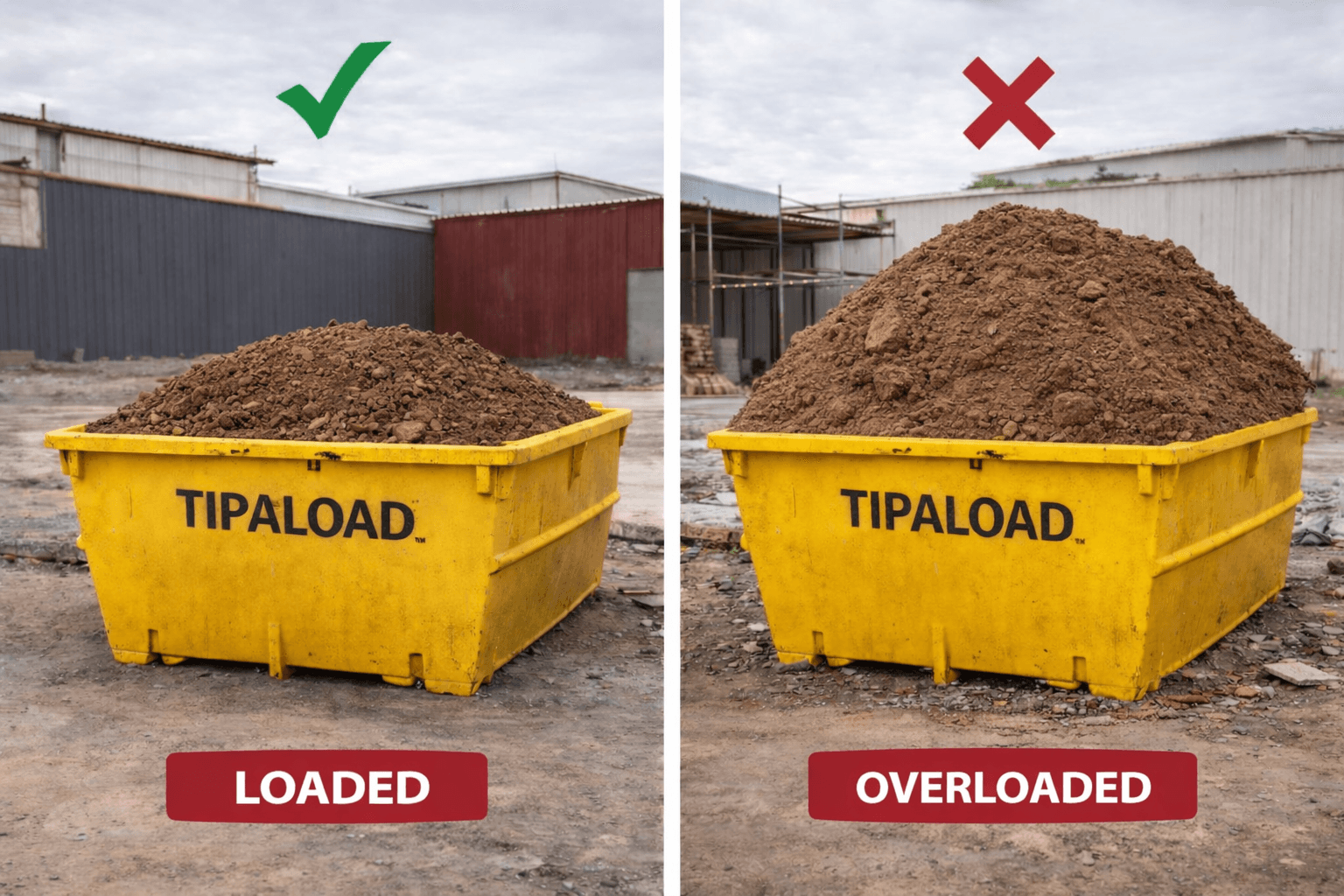 Correctly loaded vs overloaded clay and soil skip bin comparison