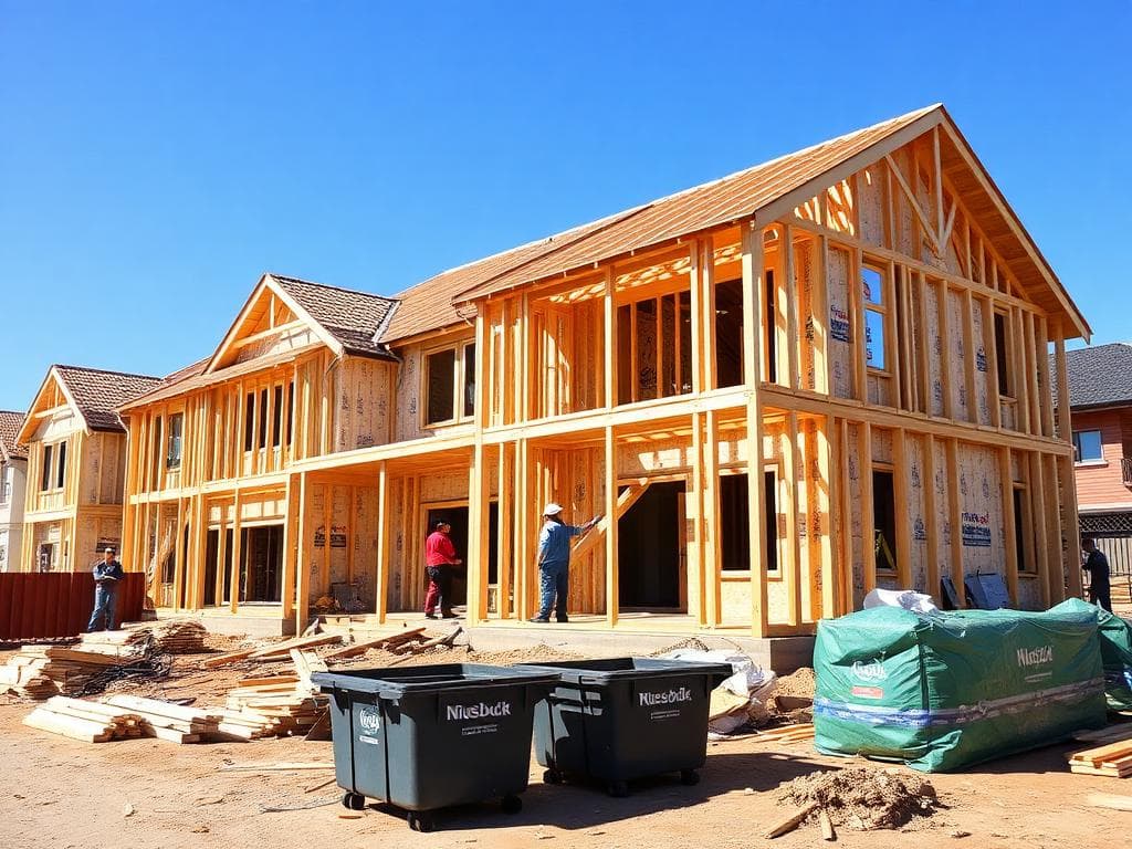 New home construction site in Colebee with waste bins