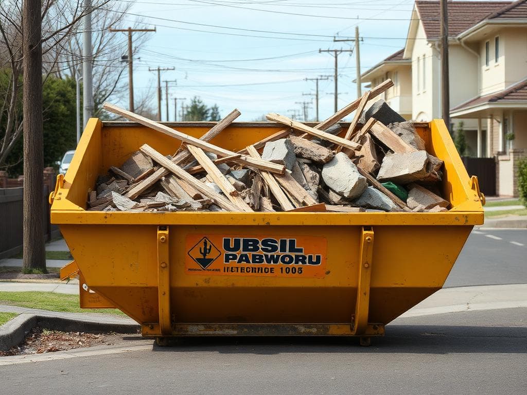 Yellow skip bin filled with construction waste in Colebee