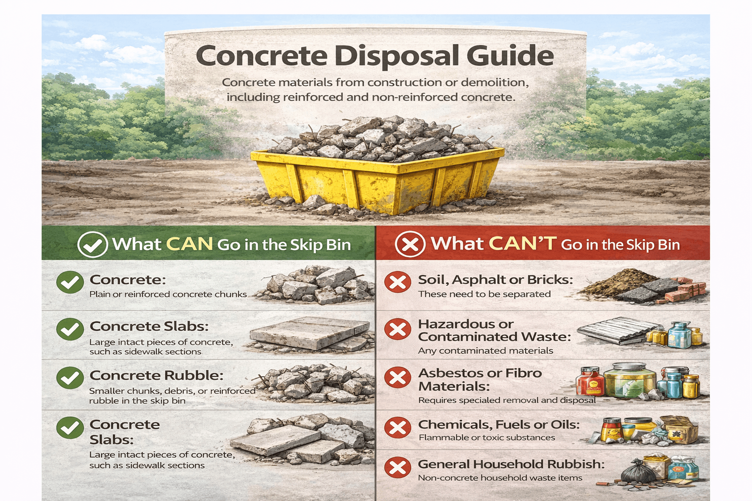 Concrete disposal guide - what can and can't go in the skip bin - Tipaload