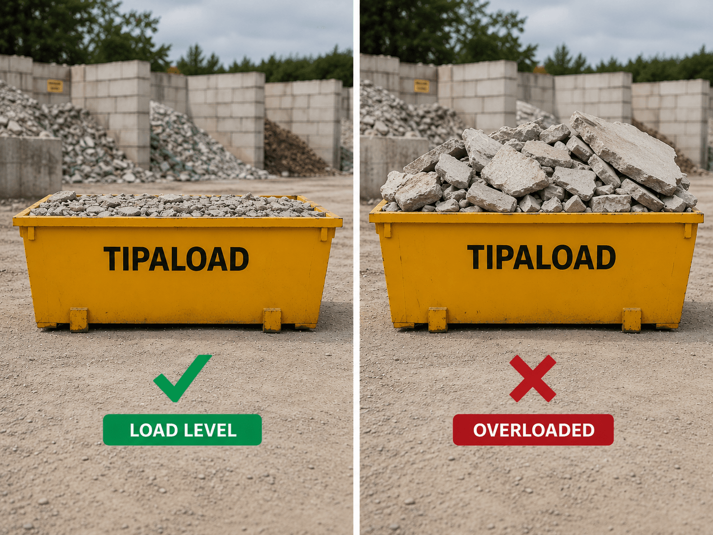 Concrete skip bin load guide - loaded vs overloaded comparison