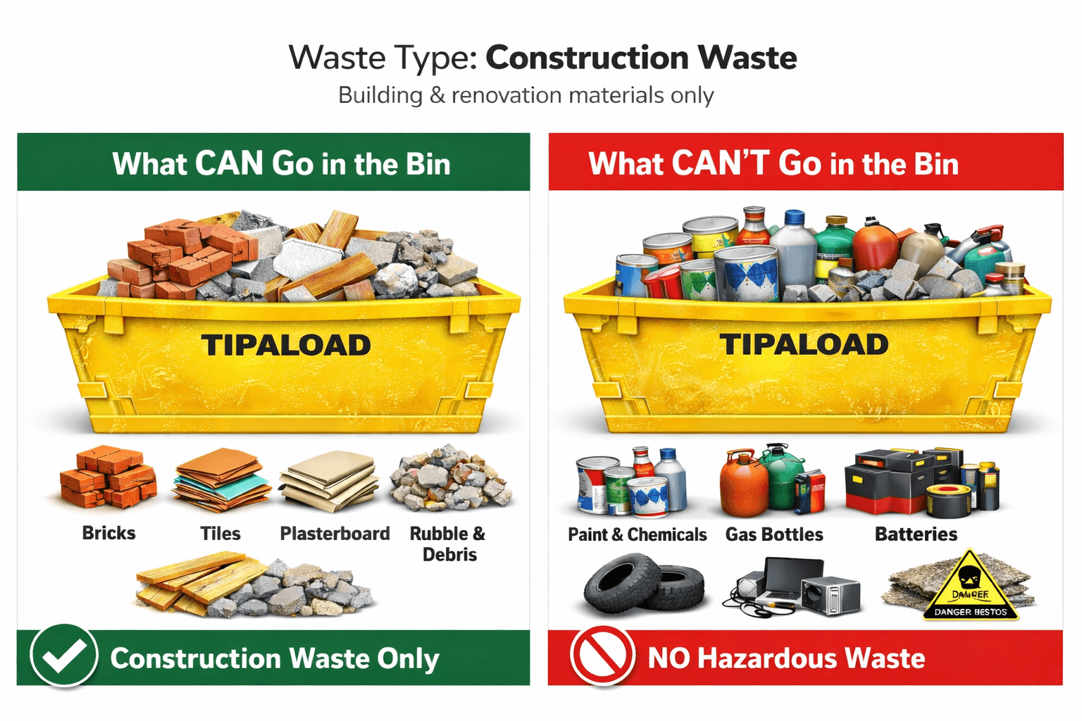 What CAN and CAN'T go in a construction waste skip bin - visual guide