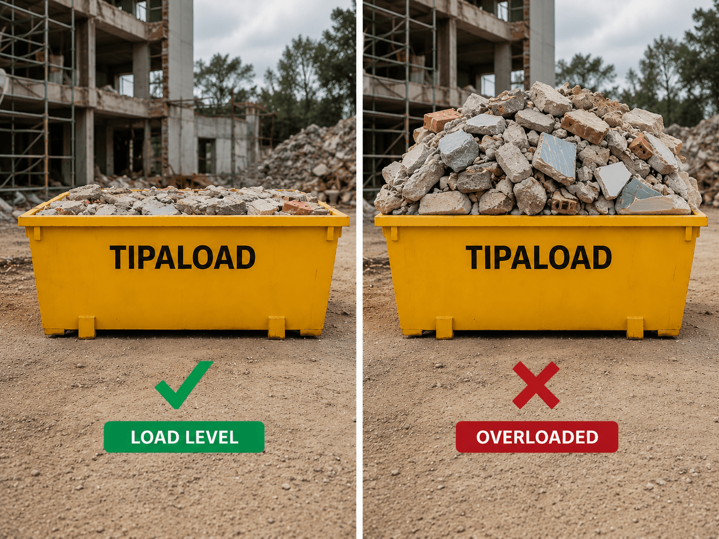Construction waste with soil skip bin load guide - loaded vs overloaded comparison