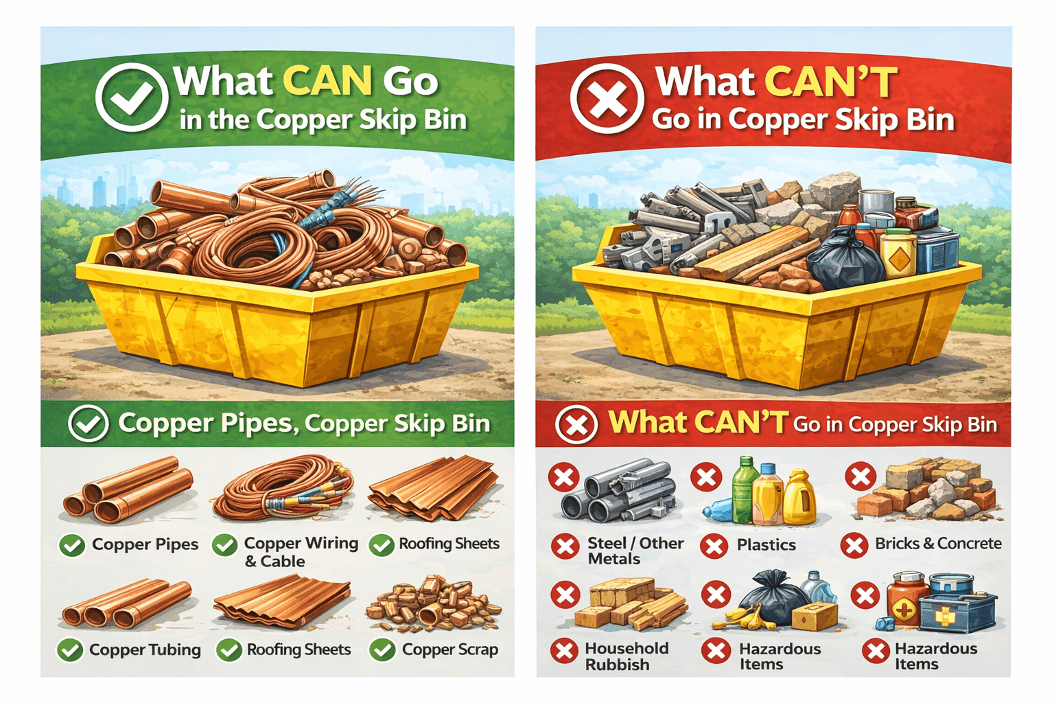 What CAN and CAN'T go in a copper wire skip bin - visual guide