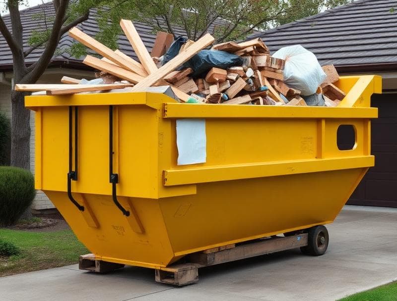 Yellow skip bin filled with construction waste in Dean Park