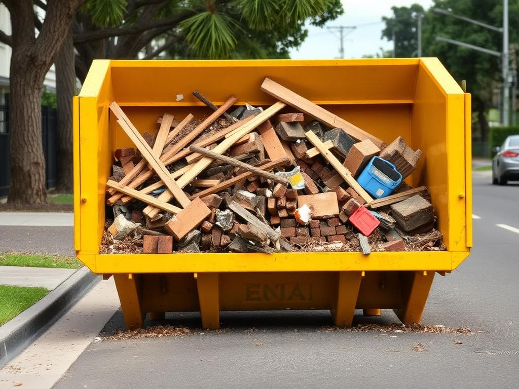 Yellow skip bin filled with construction waste in Dharruk