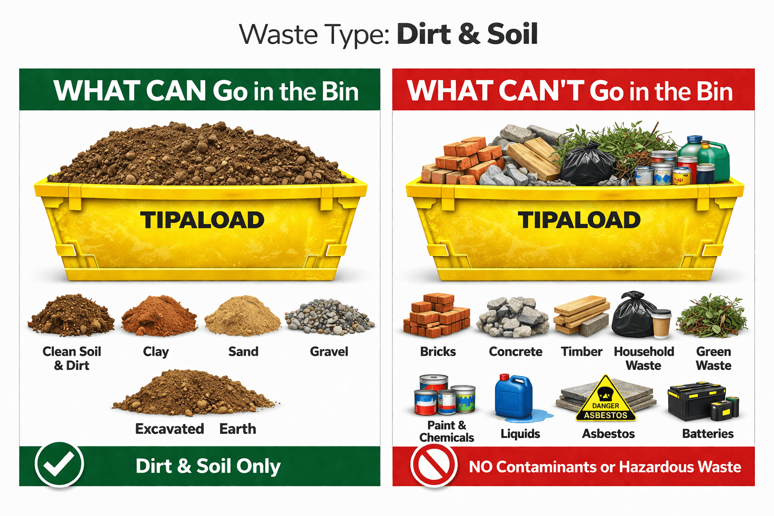 What CAN and CAN'T go in a dirt and soil skip bin - visual guide