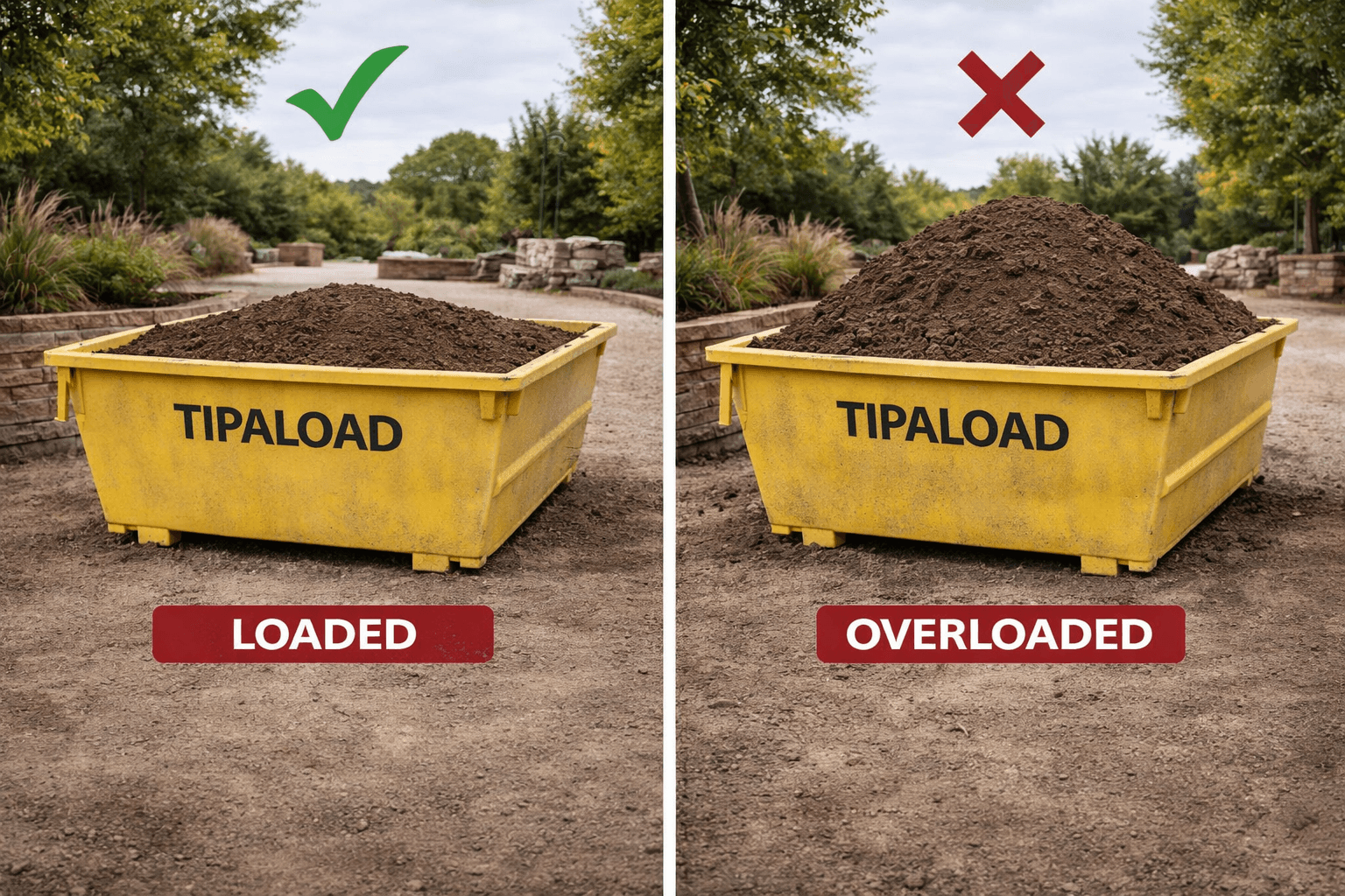 Loaded vs overloaded dirt and soil skip bin comparison - Tipaload