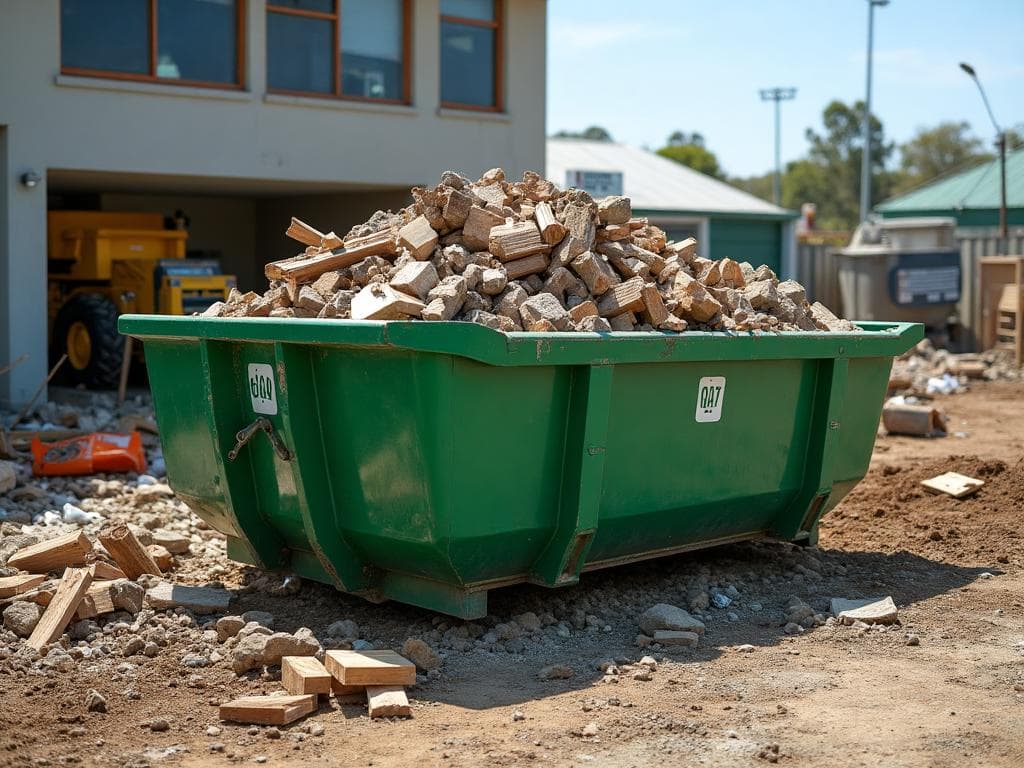 Green skip bin filled with construction waste materials