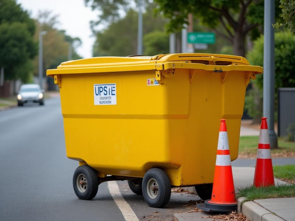Yellow skip bin properly placed on street for waste collection