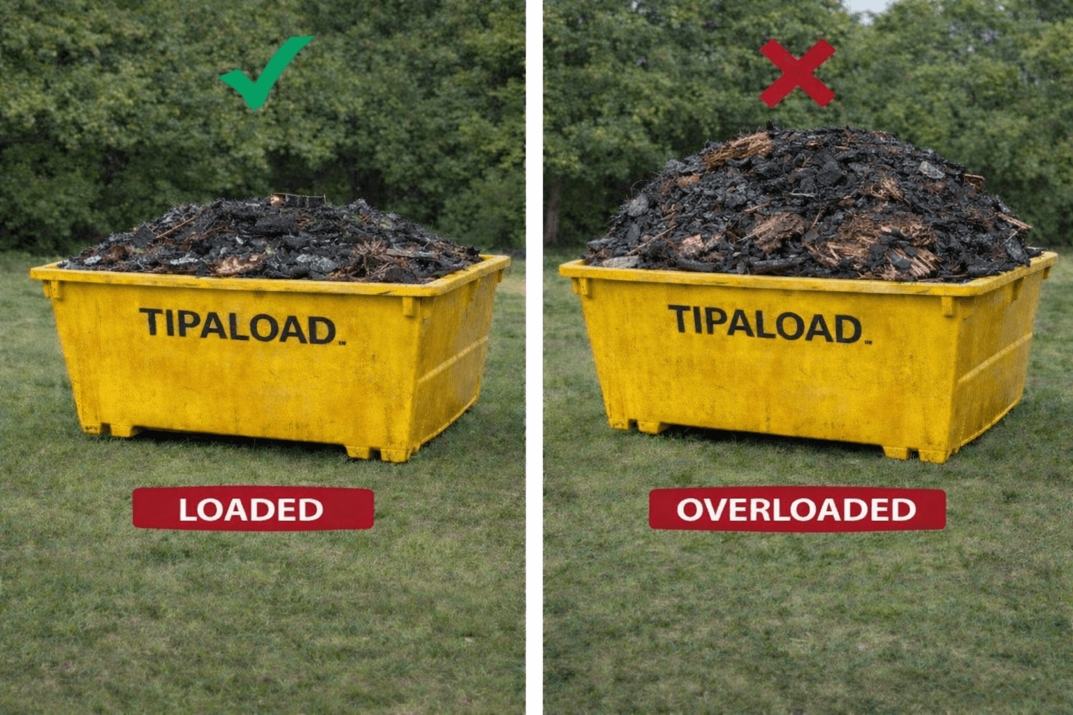 Fire damage skip bin load guide - loaded vs overloaded comparison
