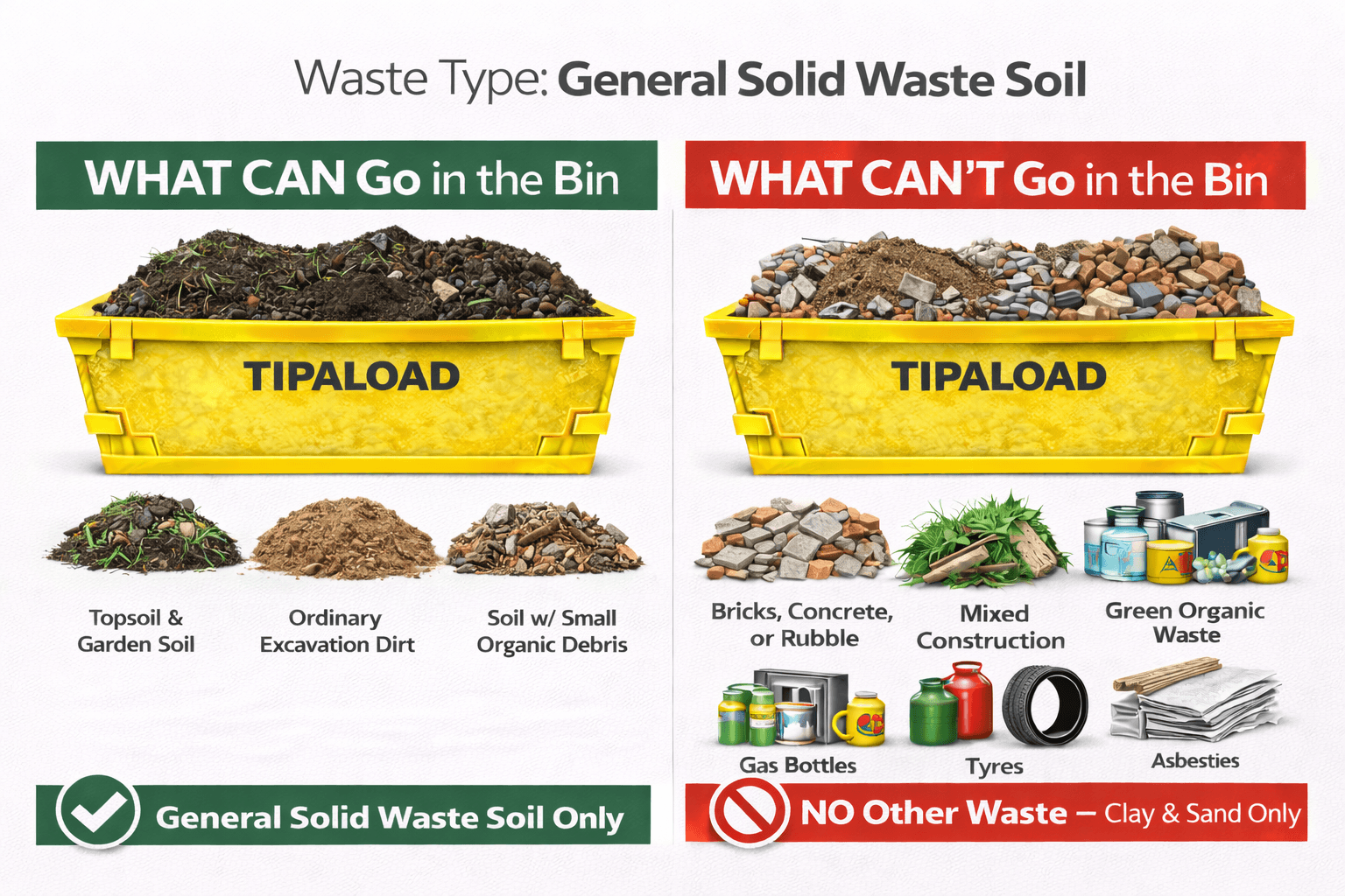 What CAN and CAN'T go in a general solid waste soil skip bin - visual guide