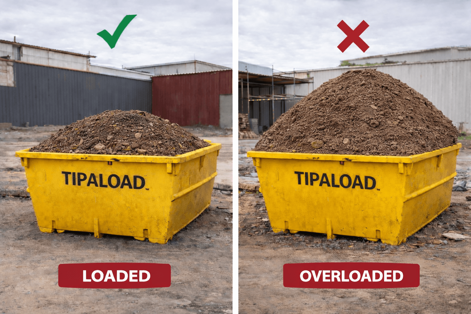 Correctly loaded vs overloaded general solid waste soil skip bin comparison