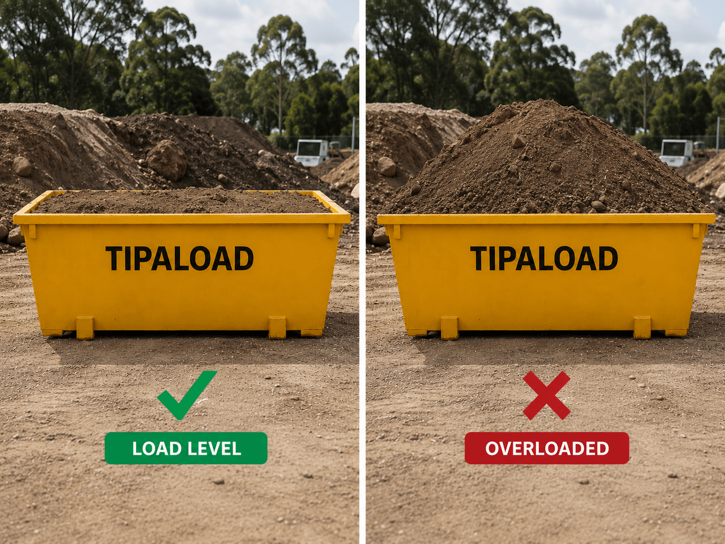 Correctly loaded vs overloaded general solid waste soil skip bin comparison