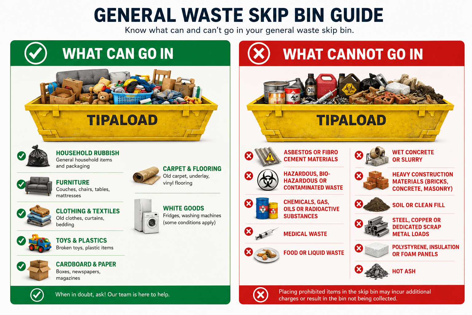 What CAN and CAN'T go in a general waste skip bin - visual guide
