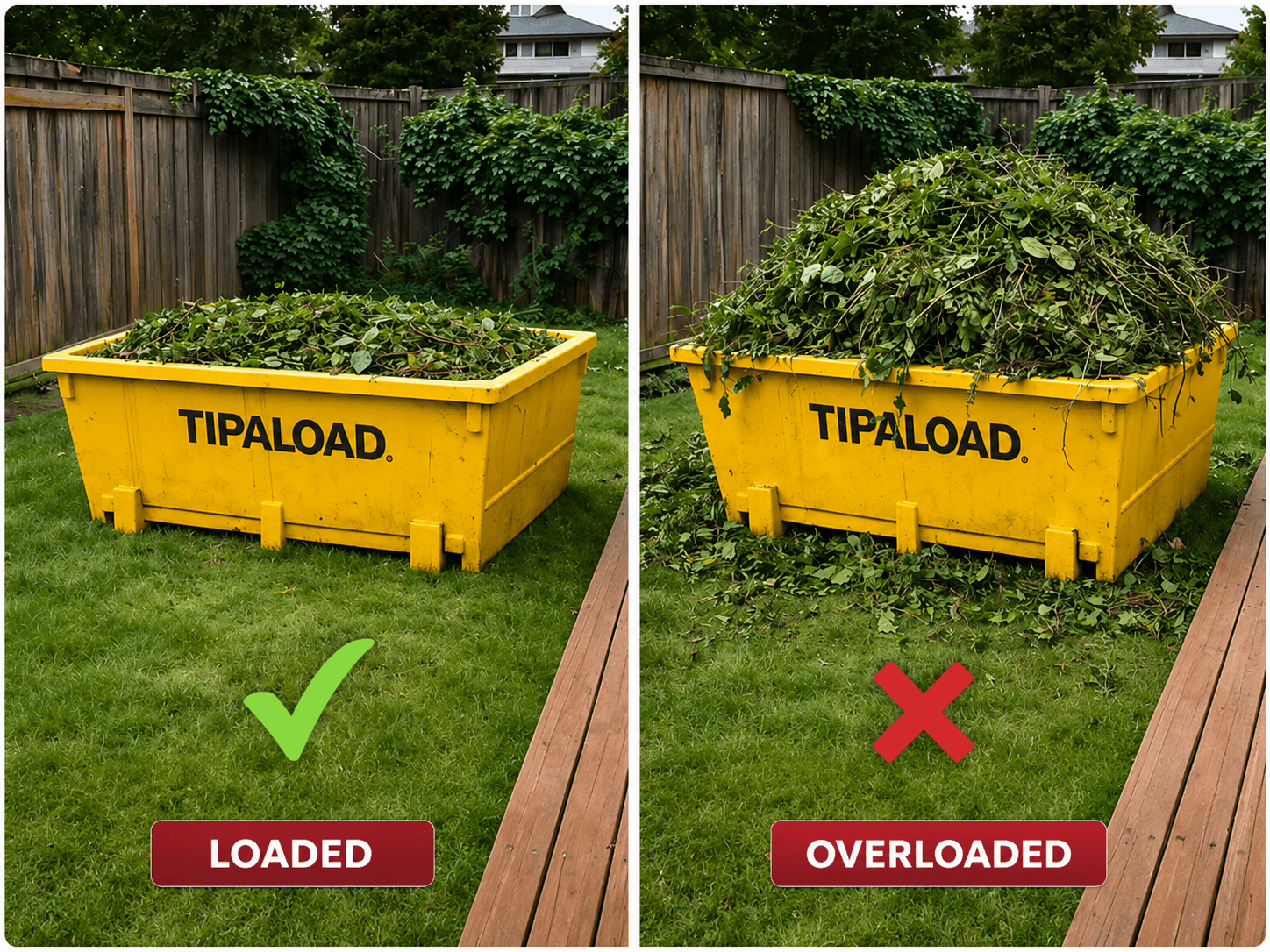Green waste load guide - loaded vs overloaded skip bin comparison