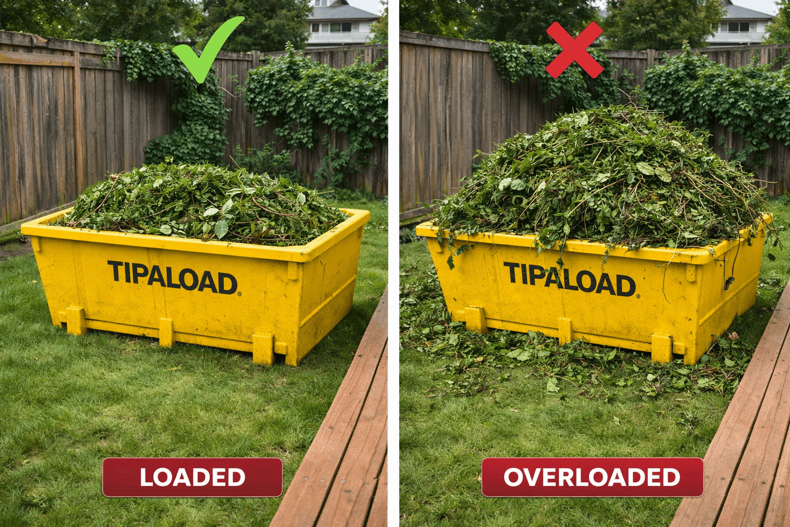 Green waste load guide - loaded vs overloaded skip bin comparison
