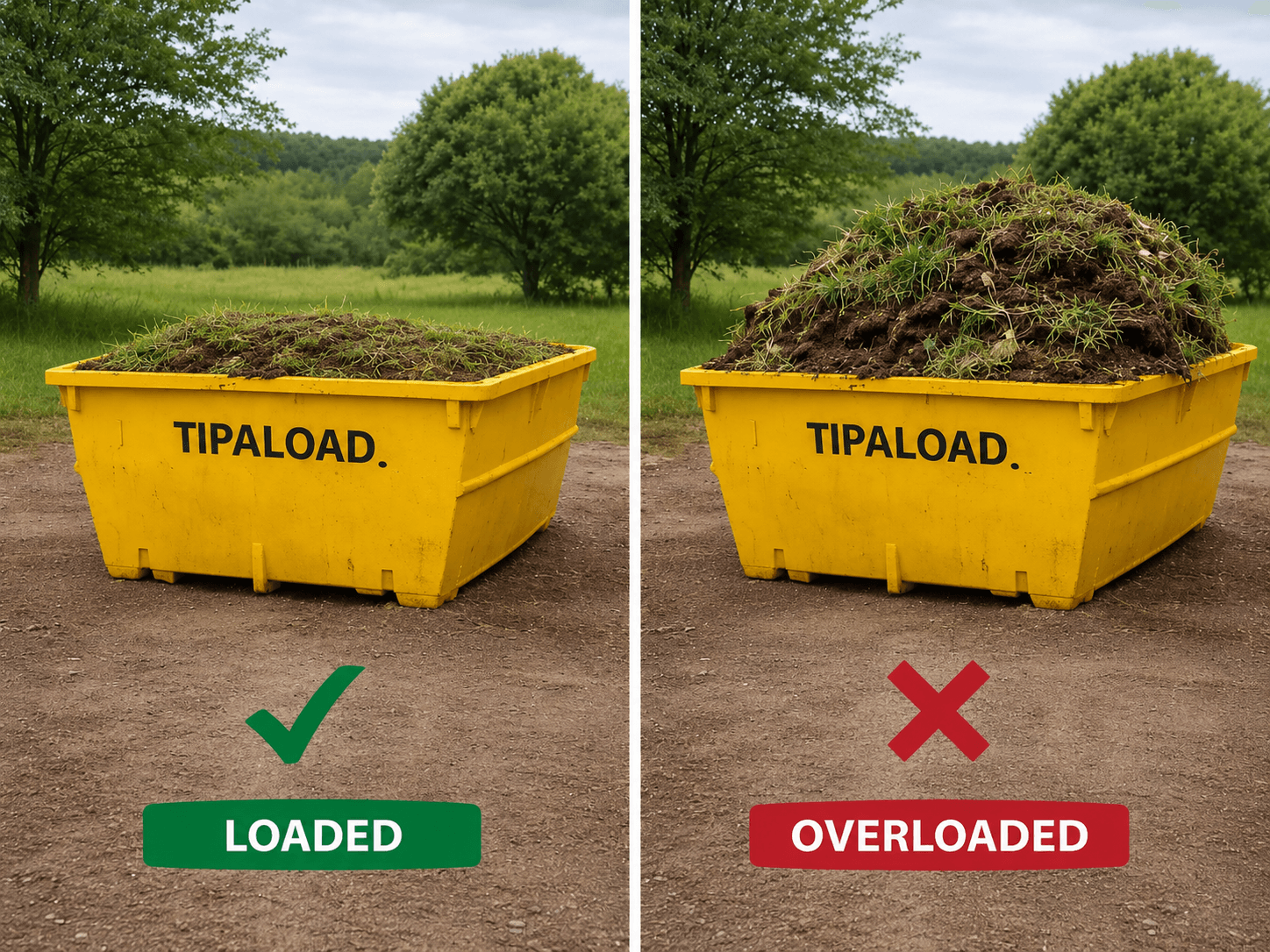Green waste with soil load guide - loaded vs overloaded skip bin comparison