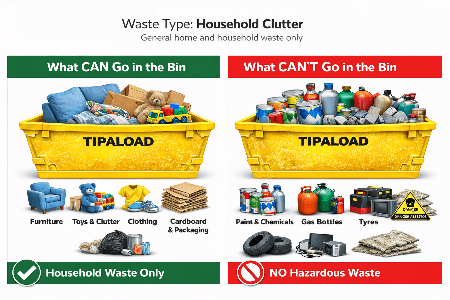 What CAN and CAN'T go in a household clutter skip bin - visual guide
