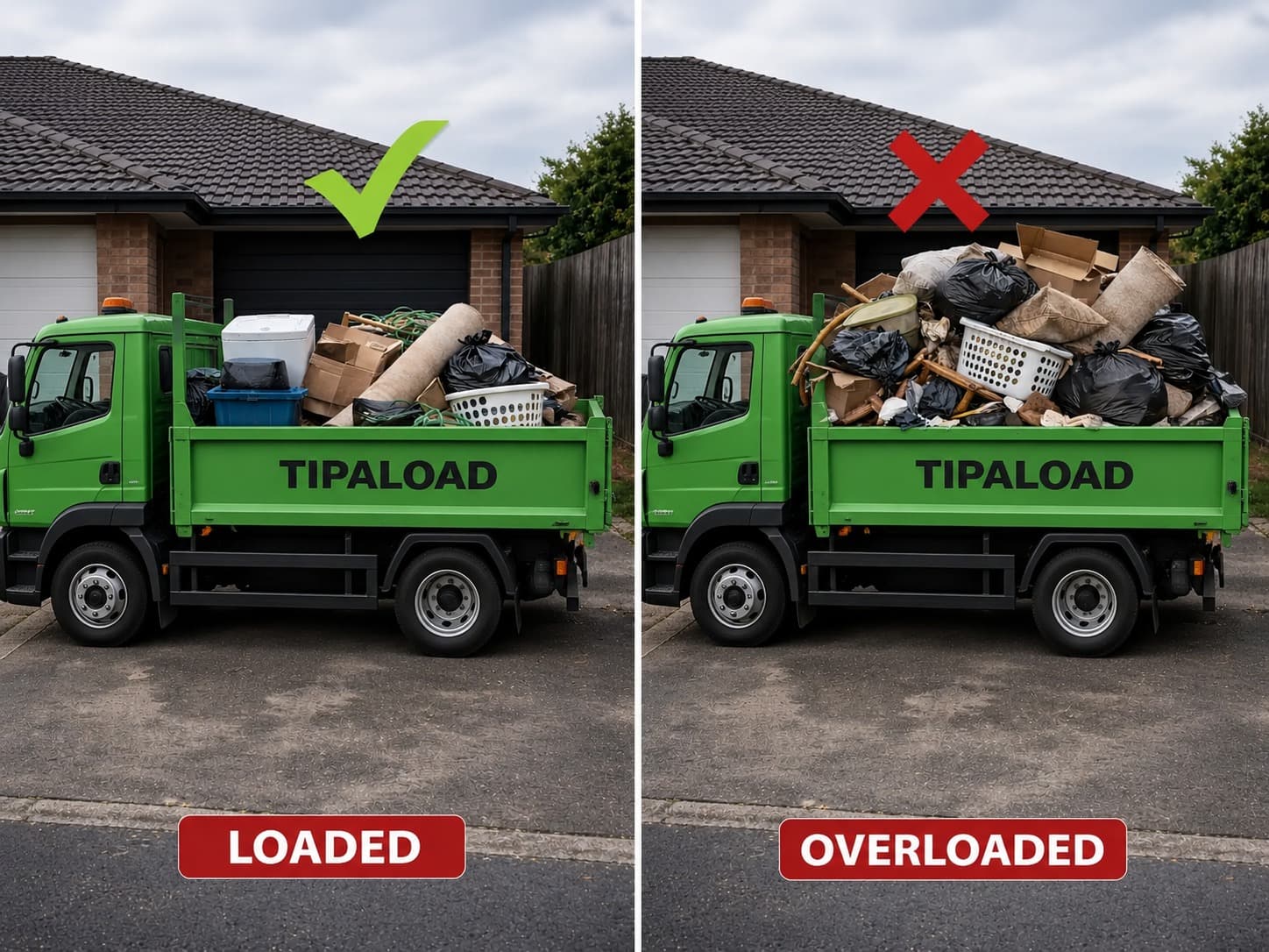 Loaded vs overloaded household clutter rubbish removal truck comparison - Tipaload