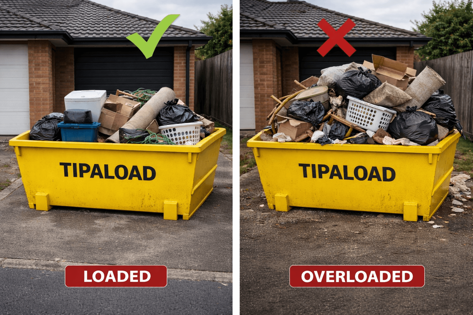 Loaded vs overloaded household clutter skip bin comparison - Tipaload