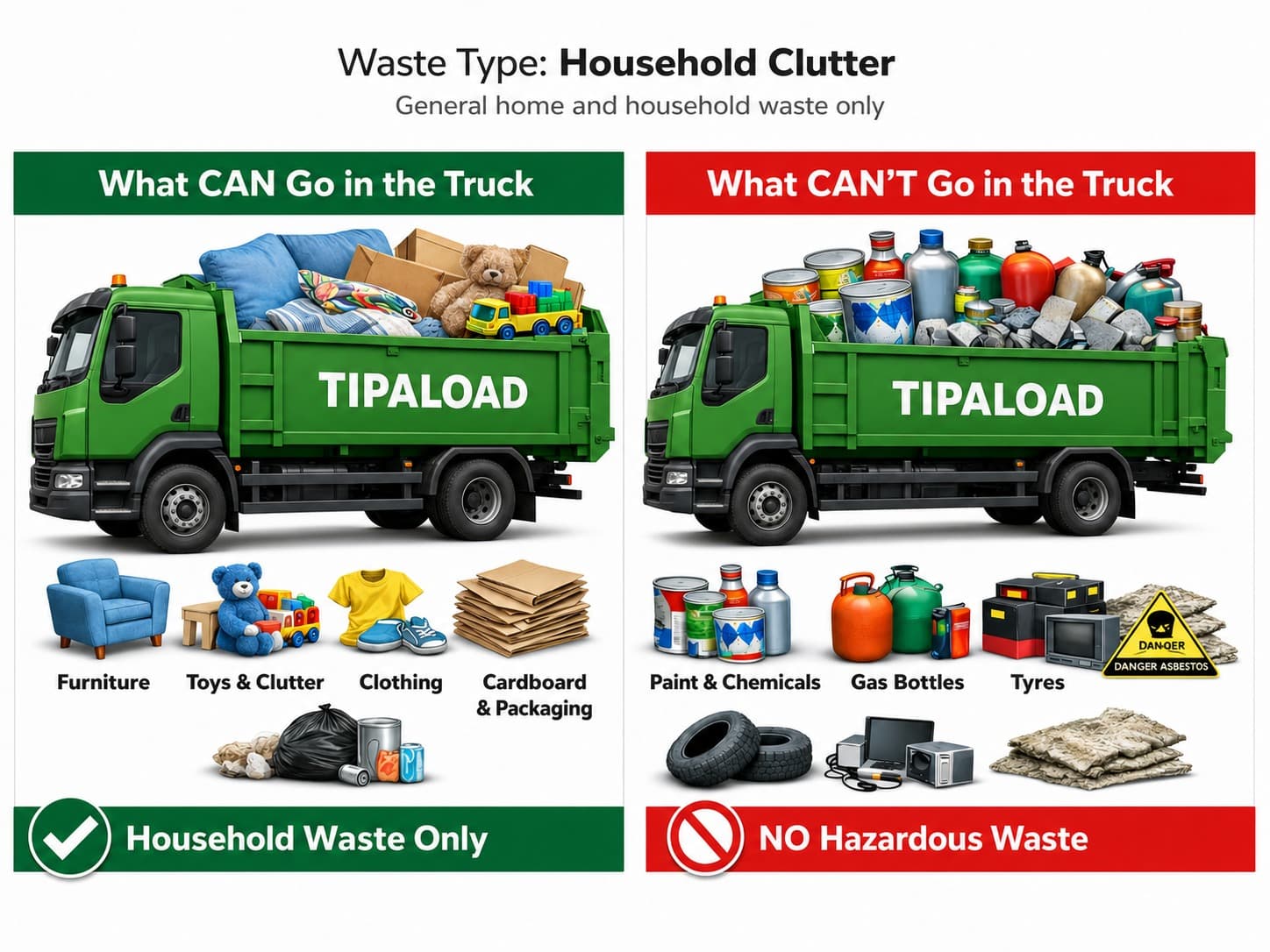 What CAN and CAN'T go in a household clutter rubbish removal truck - visual guide