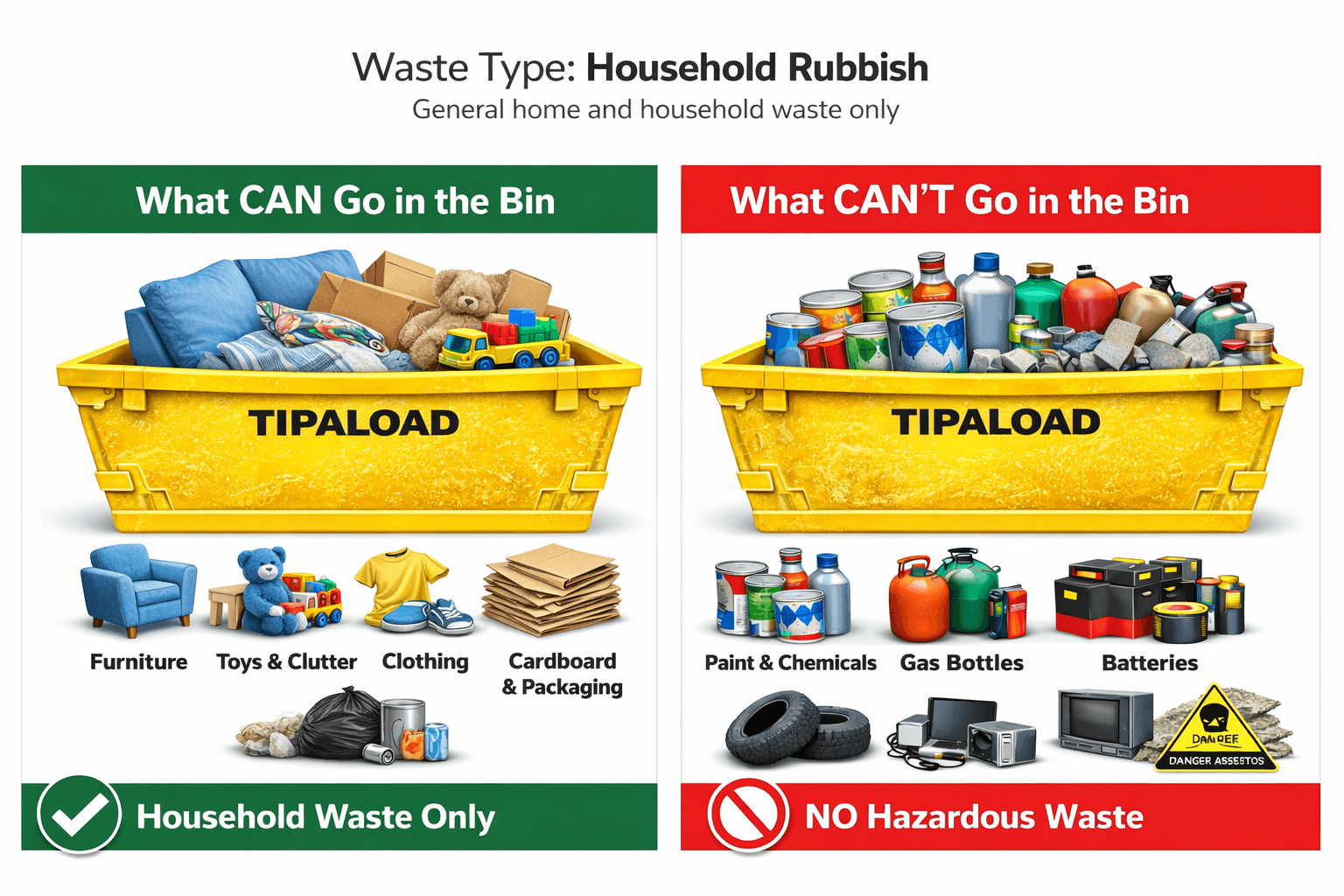 What CAN and CAN'T go in a household rubbish skip bin - visual guide