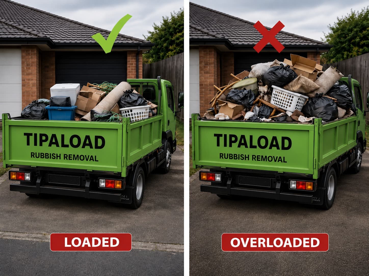 Loaded vs overloaded household rubbish removal truck comparison - Tipaload
